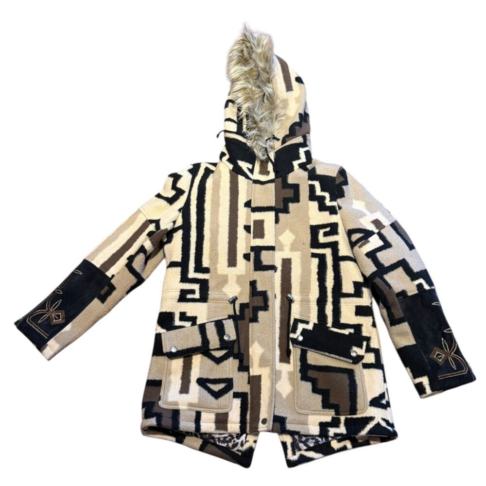 Tasha Polizzi Western Aztec Patterned Jacket/CoatFaux Fur Hood Suede Trim Medium